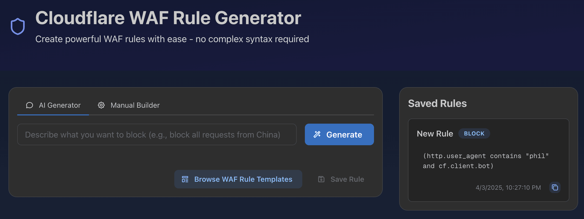 Cloudflare WAF Rule Generator Interface